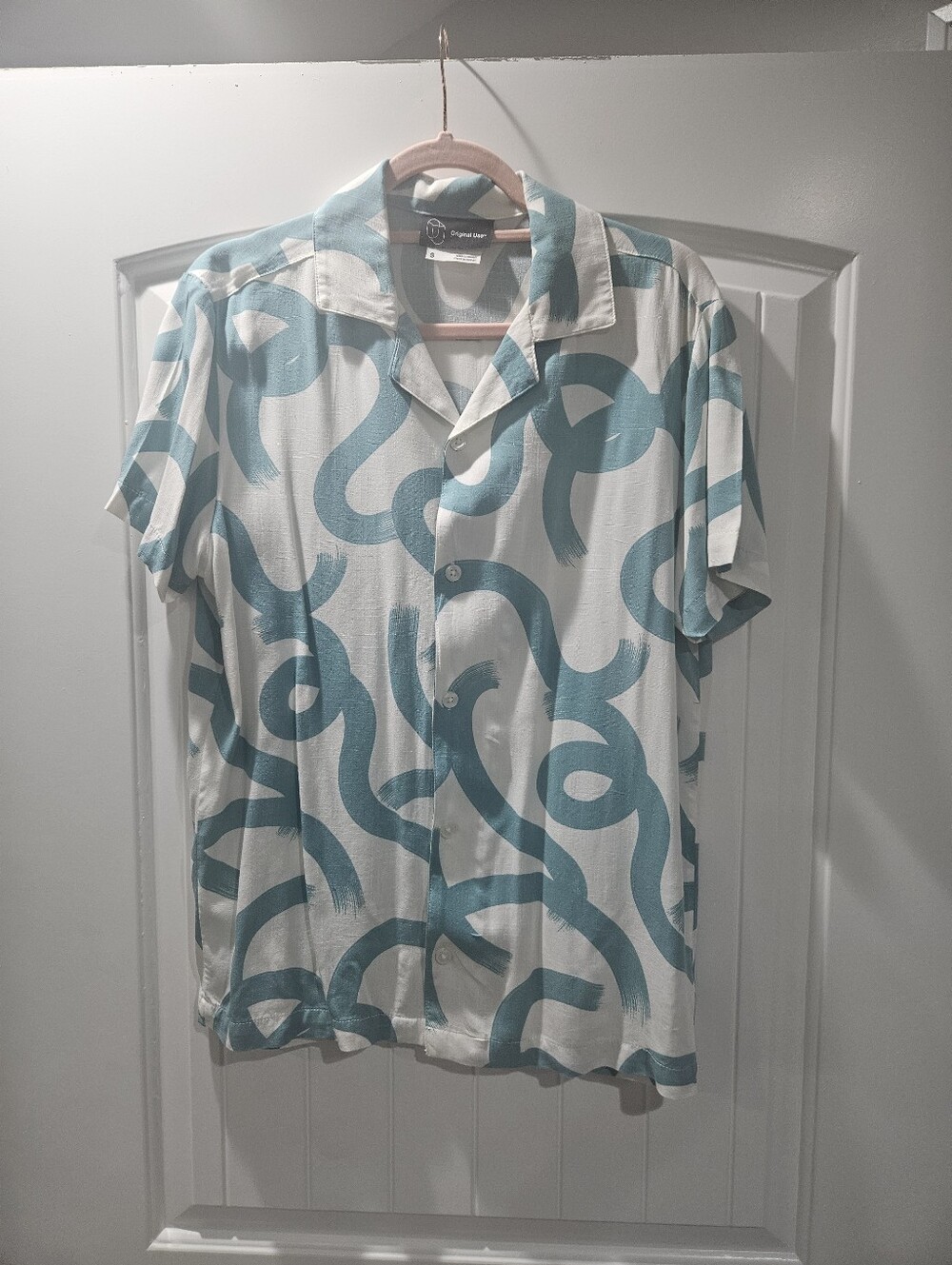 Original Use White Shirt with Teal Abstract Swirl Print Blouse Size S